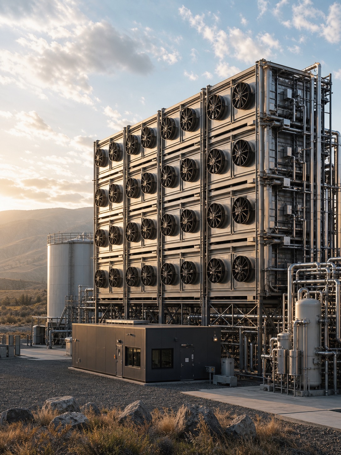 Direct air capture facility with carbon removal technology infrastructure in industrial landscape